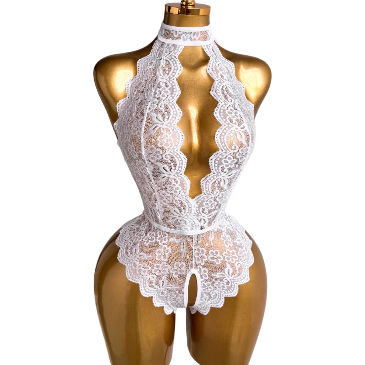 White Halter Neck Floral Lace  - Lace Teddy Lingerie avaliação e preço