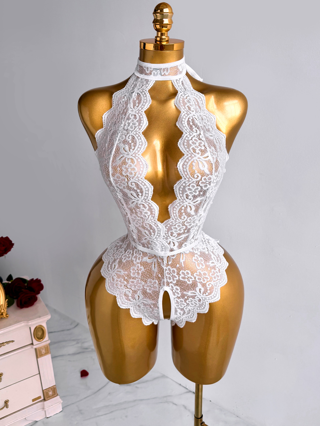 White Halter Neck Floral Lace  - Lace Teddy Lingerie avaliação e preço