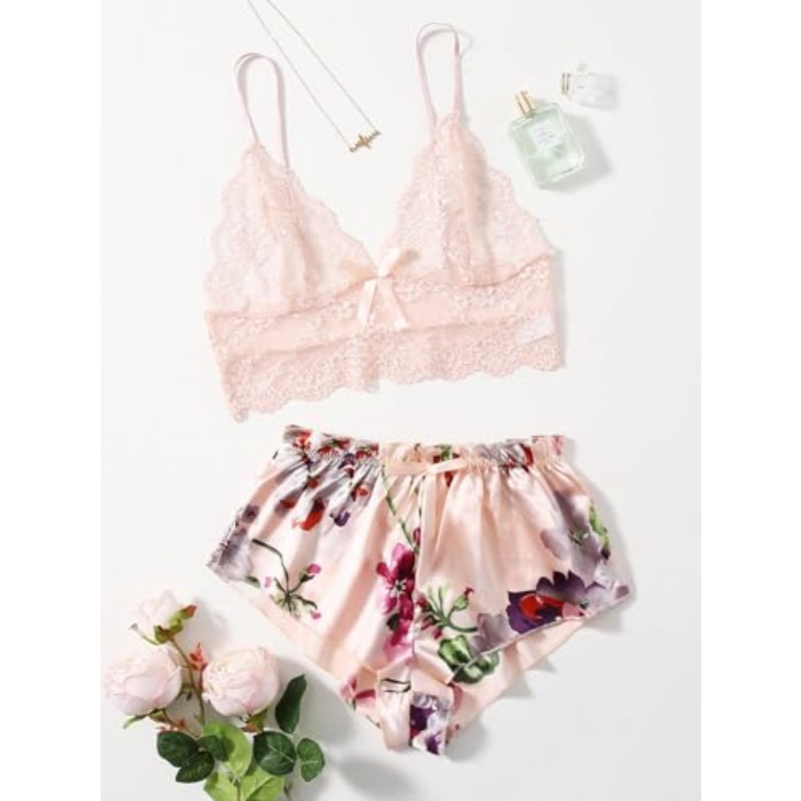 Women's 2 Pcs Lingerie Floral  - Cami Top Lace avaliação e preço